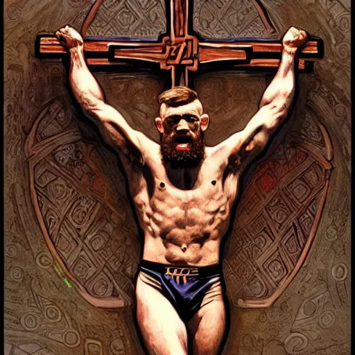 Image similar to hulking conor mcgregor crucified on the cross, masterpiece, intricate, elegant, highly detailed, digital painting, artstation, concept art, smooth, sharp focus, illustration, art by artgerm and greg rutkowski and alphonse mucha and uang guangjian and gil elvgren and sachin teng, symmetry!!