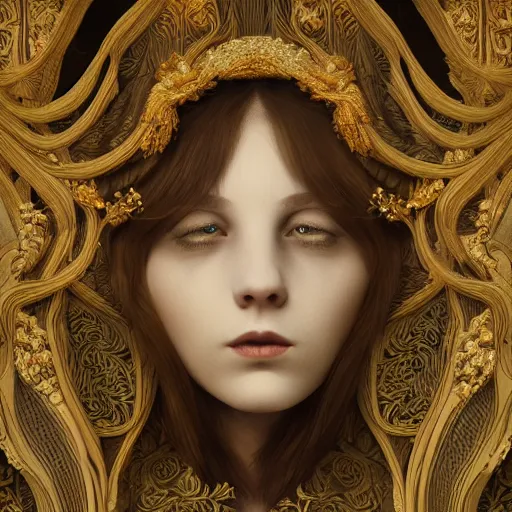 Image similar to a beautiful girl made of ivory and gold, highly intricate, digital art, very detailed, in the style of a weird and dark eerie liminal art nouveau flemish painting, 8k, octane render