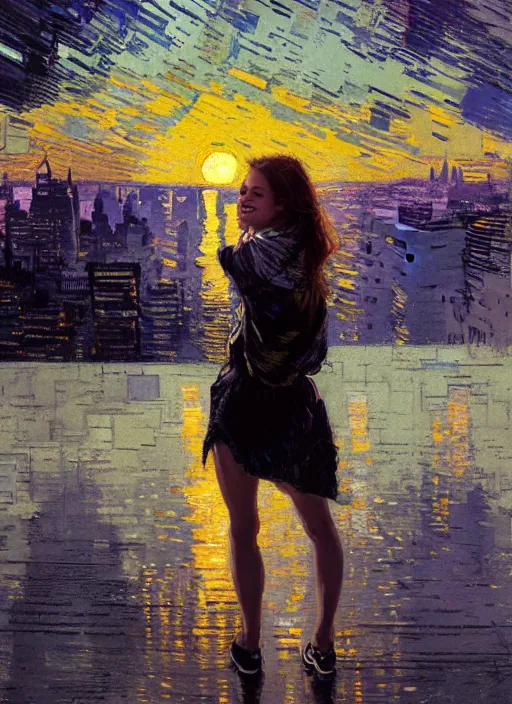 Image similar to portrait of a beautiful girl, new york backdrop, smiling, ecstatic, eyes closed, open mouth, sunset shades, beautiful face, rule of thirds, intricate outfit, spotlight, by greg rutkowski, by jeremy mann, by francoise nielly, by van gogh, digital painting