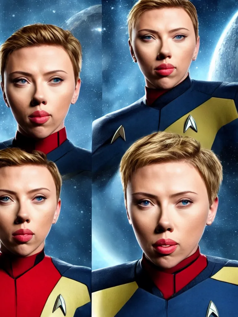 Image similar to Scarlet Johansson in a Star Trek suit, highly detailed headshot portrait.