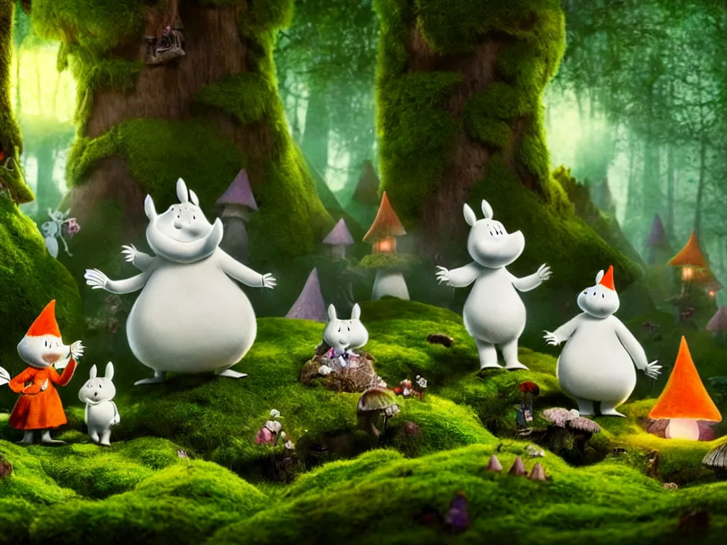 Prompt: the moomins wearing fluffy knight armor discovering the enchanted forest full of magic trees, giant mushrooms and moss and many fairies glowing in the dark, photorealistic painting, cgi, low volumetric light, movie still, very cute and cozy and fluffy and sweet