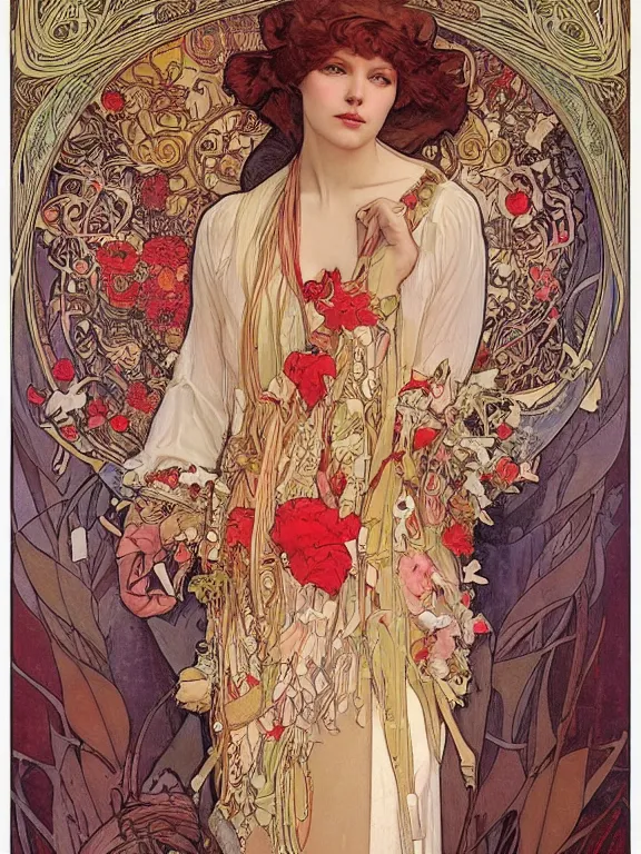 Prompt: an art nouveau mucha poster portrait oil painting of a pretty, young, wonder woamn surrounded by thousands of spiraling red and gold ribbons, intricate, detailed, smooth, complex, elaborate, by bartosz kosowski and af / vf