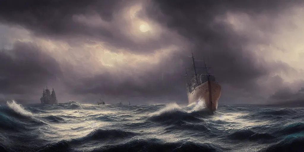 Prompt: a detailed beautiful matte painting of a ship on a stormy ocean by Mikko Lagerstedt and Raphael Lacoste