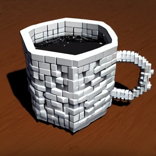 Image similar to a photo realistic mug shattering into voxel cubes.