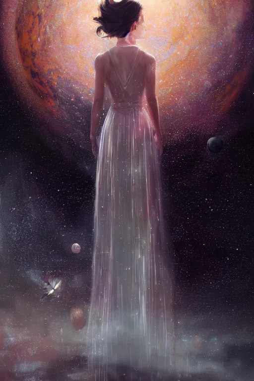 Image similar to a woman, wearing a dress made of stars, rim lighting, dramatic, planets in the background, smooth, sharp focus, very detailed, by greg rutkowski, artstation, tom badshaw, 8 k, symmetrical face