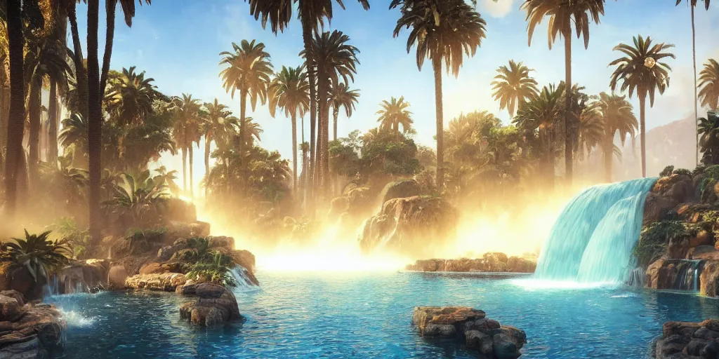 Image similar to beautiful oasis waterfalls surrounded by palm trees, moroccan tile archways, date trees, ivory towers, sun setting, ross tran, nephilim, pyroclastic flow, ethereal, fantasy, james jean, oozium, peter morbacher angelarium alchemy luxury heavenly light soft illumination, trending on artstation, cinematic lighting, digital painting, octane render, artgerm