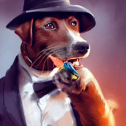 Image similar to a dog wearing smoking a cigar, dramatic lighting, cinematic, establishing shot, extremly high detail, photorealistic, cinematic lighting, concept art, artstation, style by greg rutkowsky