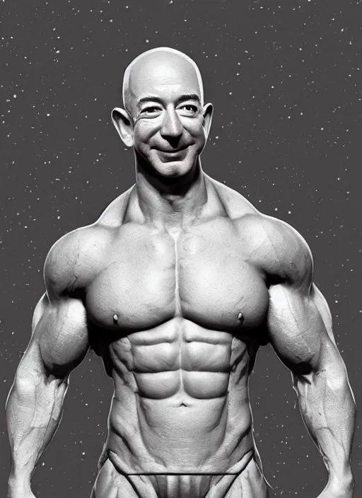Prompt: jeff bezos a muscular bodybuilder, au naturel, hyper detailed, digital art, trending in artstation, cinematic lighting, studio quality, smooth render, unreal engine 5 rendered, octane rendered, art style by klimt and nixeu and ian sprigger and wlop and krenz cushart.