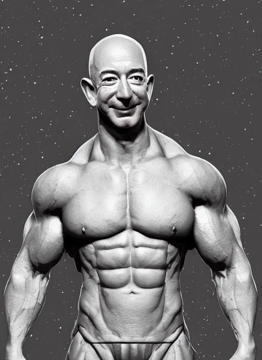 Image similar to jeff bezos a muscular bodybuilder, au naturel, hyper detailed, digital art, trending in artstation, cinematic lighting, studio quality, smooth render, unreal engine 5 rendered, octane rendered, art style by klimt and nixeu and ian sprigger and wlop and krenz cushart.