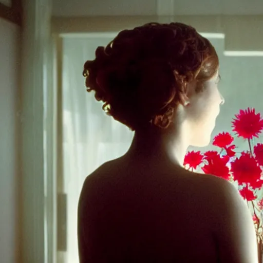 Prompt: movie still of the girl with the flowers head, cinematic composition, cinematic light, by edgar wright and david lynch