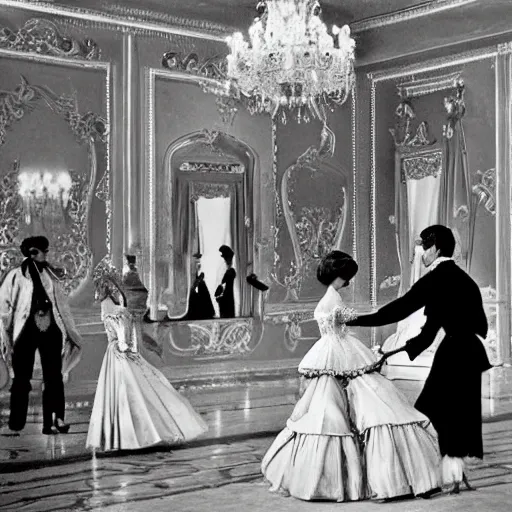 Image similar to ballroom scene from the leopard by luchino visconti with alain delon and claudia cardinale set in the 1 9 th century in an italian villa. technicolor, highly intricate, 5 0 mm