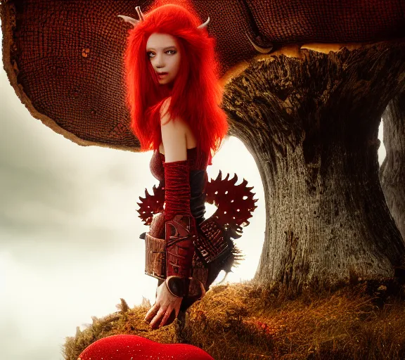 Image similar to a portrait photo of an armored woman warrior redhead with antlers sitting on the edge of a giant red cap mushroom that covers a whole town and reaches above the clouds by luis royo. intricate. lifelike. soft light. sony a 7 r iv 5 5 mm. cinematic post - processing