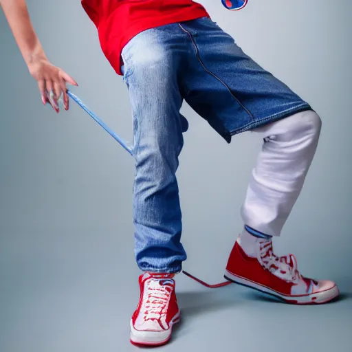 Image similar to a portrait of an american teenage boy with blue colored hair, wearing a red backwards cap, white t - shirt with a red no symbol on it, blue long pants and red shoes, holding a microphone, studio lighting, photoshoot, grey backdrop