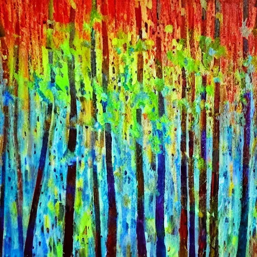 Image similar to paint splatter of a forest with green, blue, red tree trunks. acrylic of canvas, impressionist painting