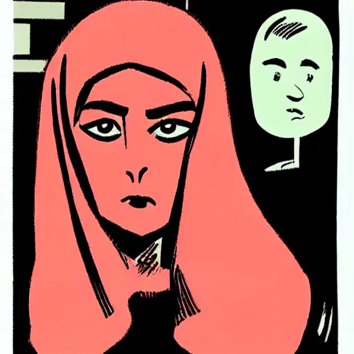 Image similar to a female character drawn by david mazzucchelli and marjane satrapi, cmyk portrait