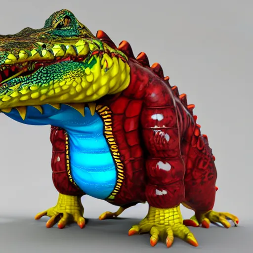 Prompt: 3 d render, anthropomorphic alligator, red scales on his back, yellow scale on his belly and chest, male, waring a hawaiian shirt, done by taran fiddler, hd, 4 k, high definition background