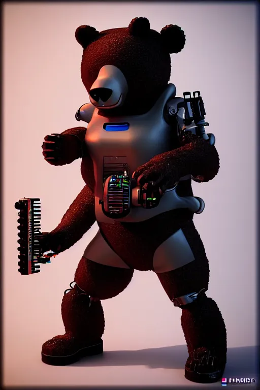 Image similar to high quality 3 d render cyborg bear! plays a cyberpun guitar, cyberpunk highly detailed, unreal engine cinematic smooth, in the style of blade runner, hannah yata charlie immer, moody light, low angle, uhd 8 k, sharp focus