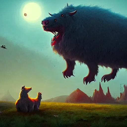 Image similar to giant furry creature lurking over a cowering smaller creature, in the foreground a small town, epic science fiction horror digital matte painting by Simon Stalenhag and Mark Brooks, extremely detailed, artstation
