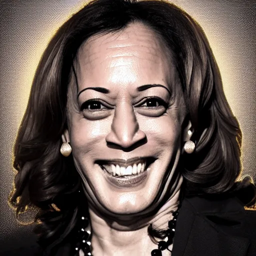 Image similar to kamala harris portrait photo, alternate reality gang prison tattoo face, gold teeth