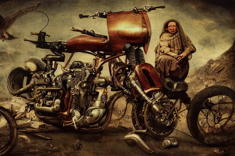 Image similar to full color hd photo of a motorcycle, octane render 4 k, by hieronymus bosch, joel peter witkin, annie liebovitz. gustave dore, hr giger, zdzisław beksinski, epic, artstation, cgisociety, weta, disney