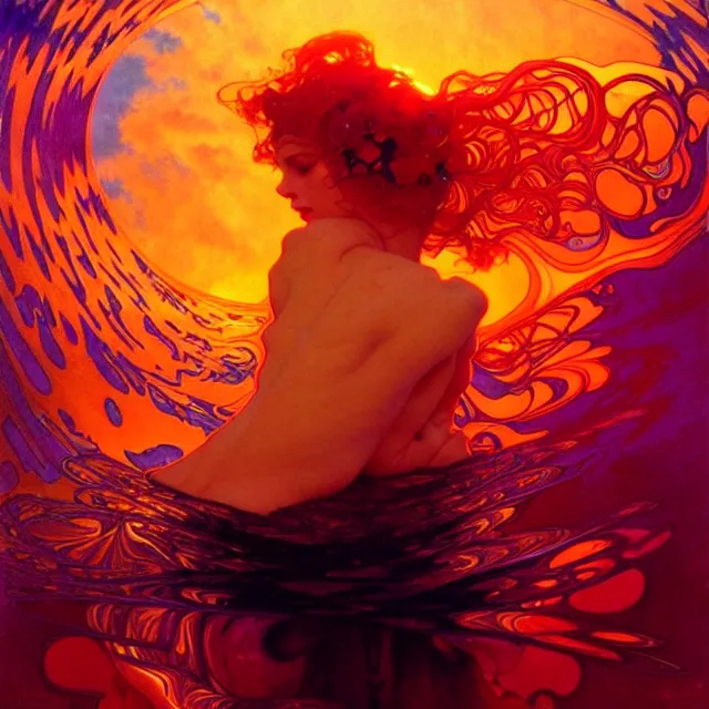 Image similar to mind bending indigo waves of glossy psychedelic liquid honey flowing like kaleidoscopic translucent amber, lsd waves, honey ripples, dramatic professional sunset, refracted lighting, art by collier, albert aublet, krenz cushart, artem demura, alphonse mucha