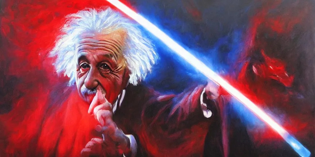 Prompt: Albert Einstein fighting with a red lightsaber, striking lighting, oil painting