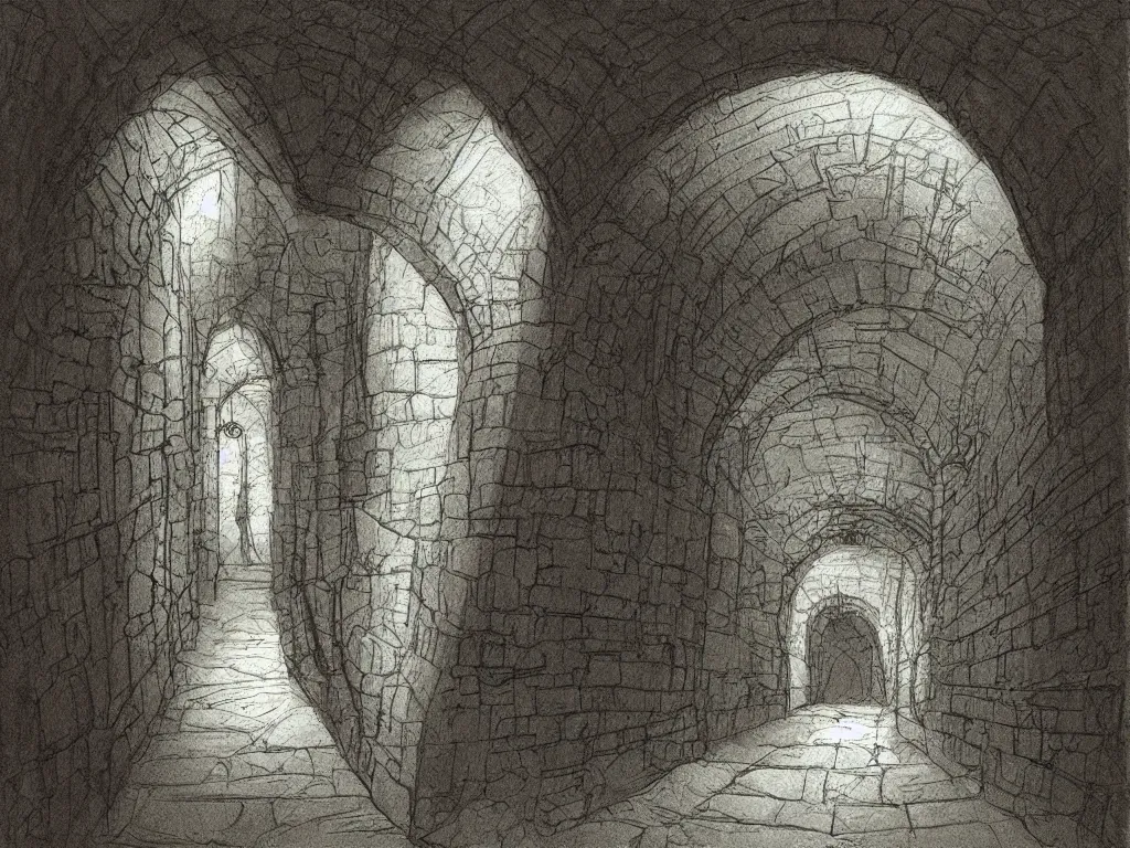 Prompt: A narrow tunnel in a dungeon, in the style of john howe