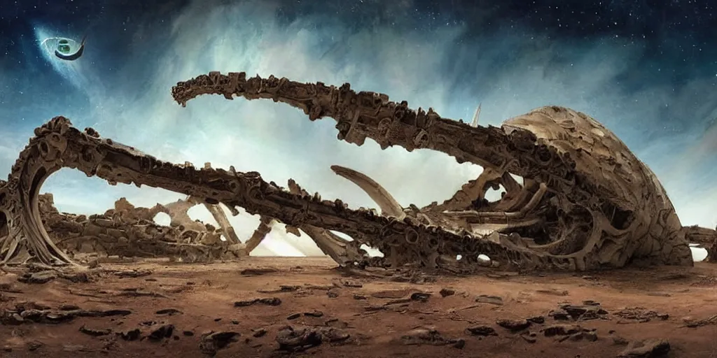 Image similar to supernova, neo brutalism space station ruins in the mars desert, giant whale skeleton, whale bones, whale graveyard, painted by steve mccurry, ruan jia, raymond swanland, lawrence alma tadema, zdzislaw beksinski, norman rockwell, jack kirby, tom lovell, alex malveda, greg staples