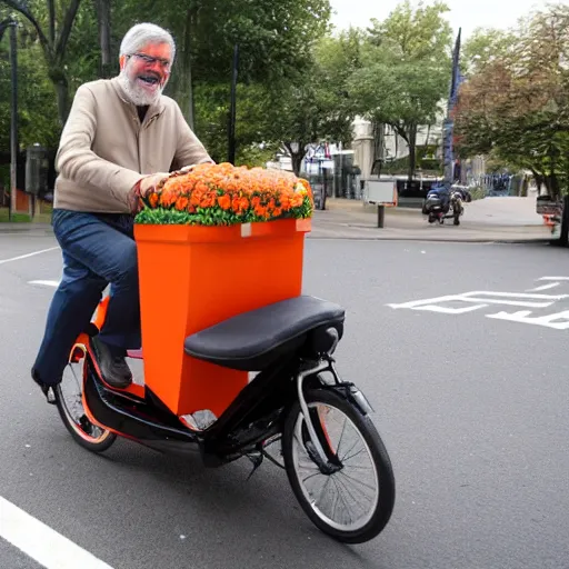 Prompt: Gerry Adams riding a orange, white, and green tricycle