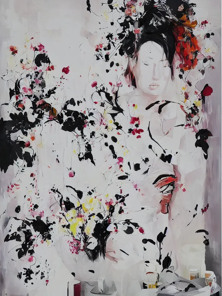 Image similar to “art in an Australian artist’s apartment, painting of a woman wearing white cotton cloth, organic, fresh berries, white wax, edible flowers, Japanese pottery, ikebana, black walls, acrylic and spray paint and oilstick on canvas”