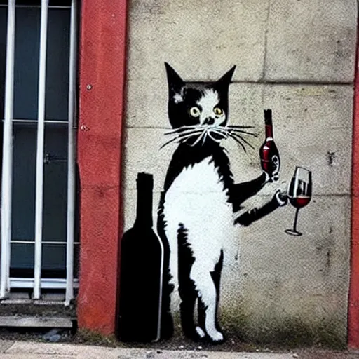 Image similar to Street art of an alcoholic cat who drink wine, by banksy