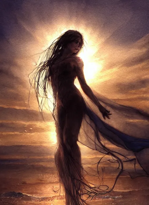 Prompt: portrait, An angel on the beach watching the sun set, watercolor, dramatic lighting, cinematic, establishing shot, extremely high detail, foto realistic, cinematic lighting, pen and ink, intricate line drawings, by Yoshitaka Amano, Ruan Jia, Kentaro Miura, Artgerm, post processed, concept art, artstation, matte painting, style by eddie mendoza, raphael lacoste, alex ross