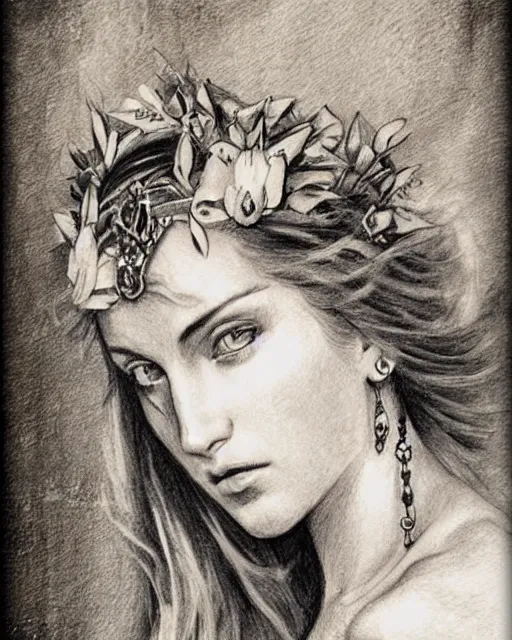 Image similar to realism tattoo sketch of a beautiful greek goddess aphrodite with piercing eyes wearing a laurel wreath and triangle earrings, in the style of greg rutkowski, amazing detail