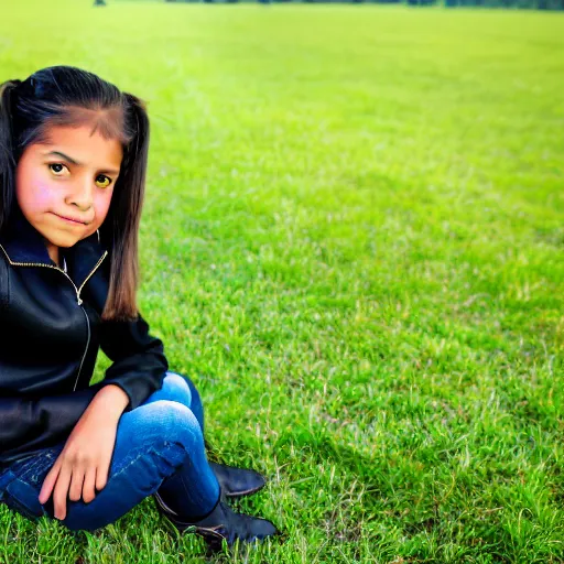 Prompt: a seven years old latin girl plays on a great green meadow, she wears a black jacket, jeans and black boots, she has two ponytails, photo taken by a nikon, highly detailed, sharp focus