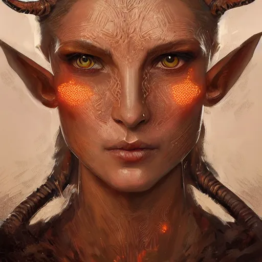 Prompt: A head-on, symmetrical detailed oil portrait of an elf woman with curly copper horns and bright eyes, by greg rutkowski, trending on artstation, dungeon and dragons art