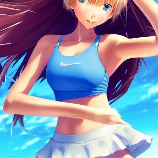 Image similar to a very beautiful young anime tennis girl, full body, long wavy blond hair, sky blue eyes, full round face, short smile, bikini, miniskirt, highly detailed, cinematic wallpaper by stanley artgerm lau