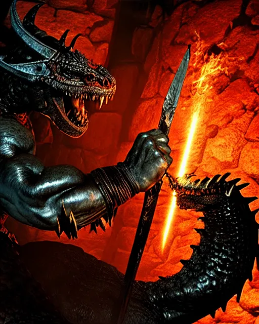 Image similar to closeup Photo of Conan the Barbarian punching a dragon in a dark souls dungeon, rim lighting, octane, Frank frazetta, Edgar Rice Burroughs,