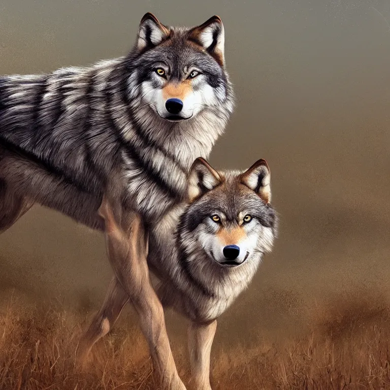 Image similar to Majestic wolf on the heath, portrait. Rough brushstrokes. Beautiful detailed scene. Interesting natural colour scheme. Beautiful artistic digital painting by Lurid (2022)