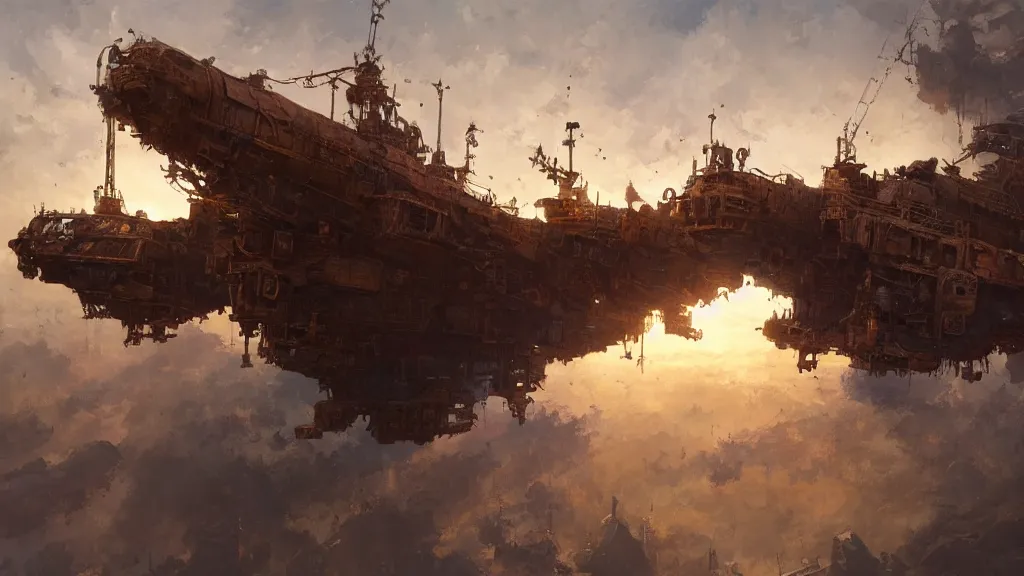 Image similar to A flying rusty ship in the evening sky, gleaming volumetric-lighting-style atmosphere, intricate, detailed, photorealistic imagery, oil on canvas, concept art, by Ian McQue, trending on artstation, 4k, 8k