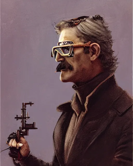 Image similar to Portrait steampunk Sam Elliott wearing safety goggles and black coat by charlie bowater elina brotherus greg rutkowski Dan Witz paul klee jamie wyeth victo ngai