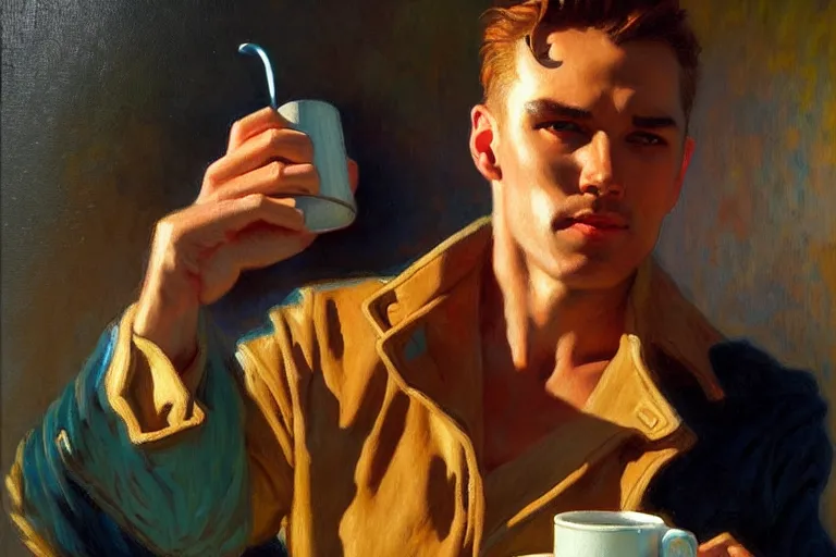 Image similar to attractive man drinking coffee, sunset, painting by gaston bussiere, j. c. leyendecker, tom of finland, trending on artstation