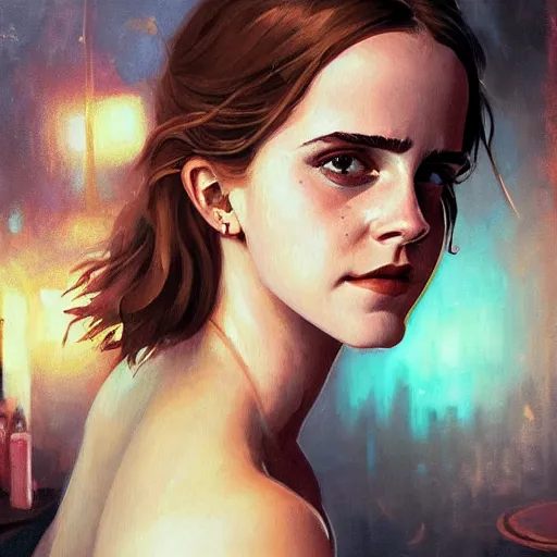 Image similar to highly detailed painting of emma watson drunk in a club, stephen bliss, 8 k, by greg rutkowski, loish, rhads, artgerm, ferdinand knab, makoto shinkai and lois van baarle, ilya kuvshinov, rossdraws, global illumination, radiant light, detailed and intricate environment