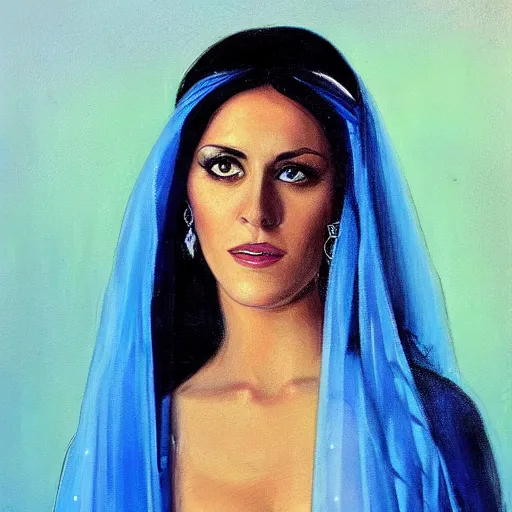 Image similar to young Monica Belluci as an Arab woman, tanned skintone, bright blue eyes, white transparent veil, glare face, light blue dress portrait, painting