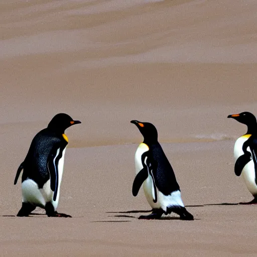 Prompt: penguins wearing sunglasses sliding in sand dunes, photography