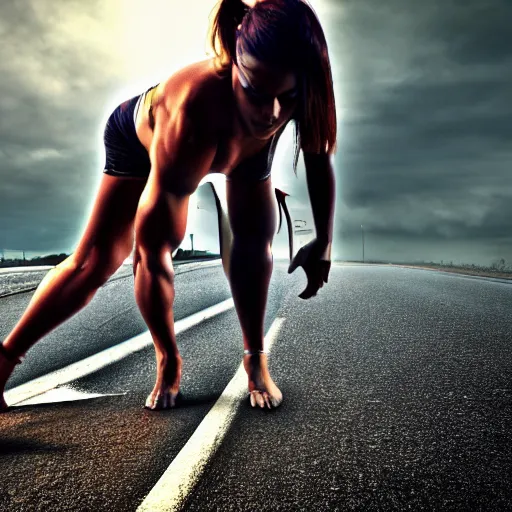 Image similar to car, bodybuilder, woman, holding, road, photo, digital art, hands, underbody, tire