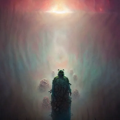 Prompt: fractal 4 th dimensional tardigrade!!! terror and horror painting tardigrade!!! descending onto an apocalyptic earth, by greg rutkowski and studio ghibli, inspired by zdzisław beksinski, cinematic, atmospheric, dramatic colors, dawn.