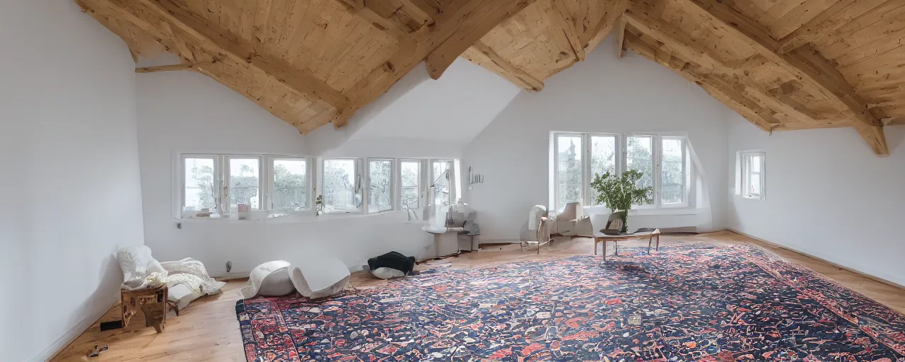 Image similar to low ceiling attic, with matte white painted ceiling, with 2 rectangular windows opposing each other, with a large square window in the back right corner of the room, with exquisite turkish and persian rugs on the polished plywood floor, XF IQ4, 150MP, 50mm, F1.4, ISO 200, 1/160s, natural light