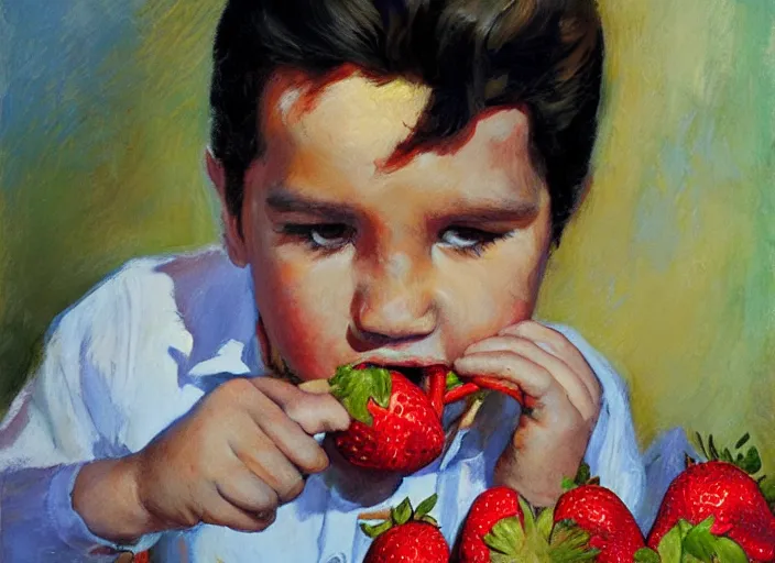 Prompt: a highly detailed beautiful portrait of elvis presley eating an strawberry, by gregory manchess, james gurney, james jean