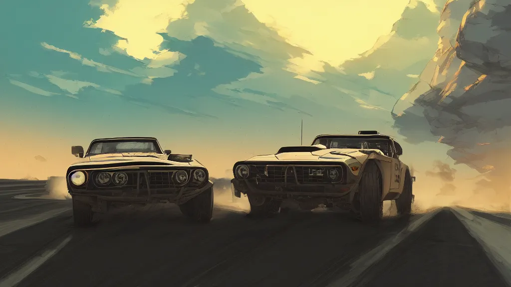 Prompt: digital illustration of mad max's fj 4 0 pursuit special, the last v 8 interceptor driving down a deserted valhalla highway in the middle of the day by studio ghibli, anime style year 2 0 9 3, by makoto shinkai, ilya kuvshinov, lois van baarle, rossdraws, basquiat