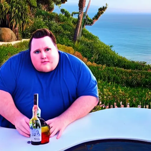 Image similar to obese comedian tim dillon in malibu drinking a martini in real life, 8 k, 4 k uhd, realistic, hyper realistic, super detailed, very detailed, detailed